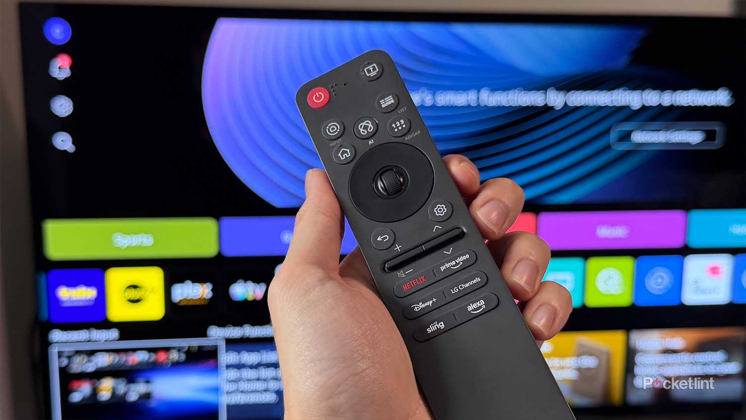 Person holding LG remote in front of LG TV.