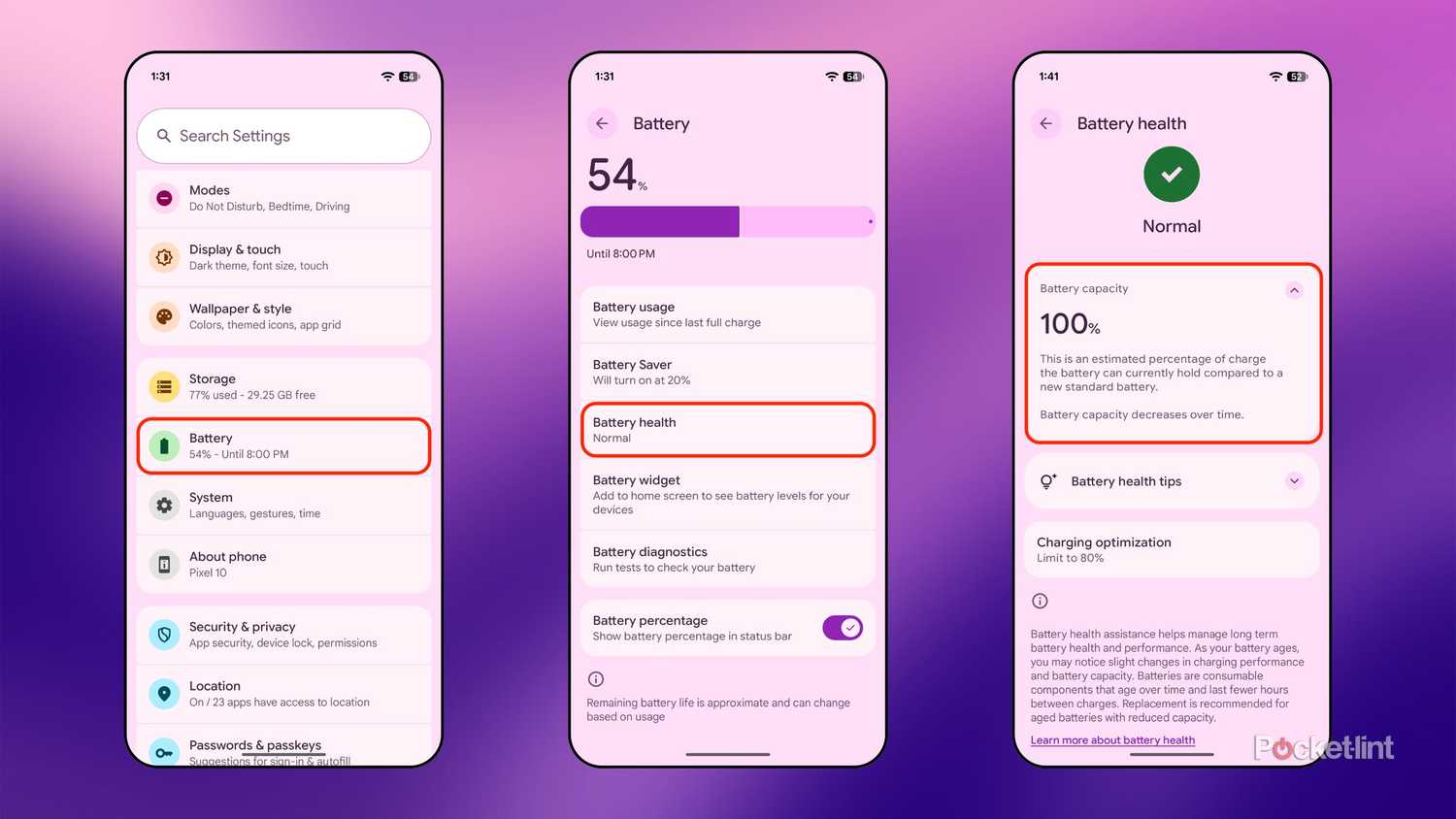 Pixel battery health screenshots