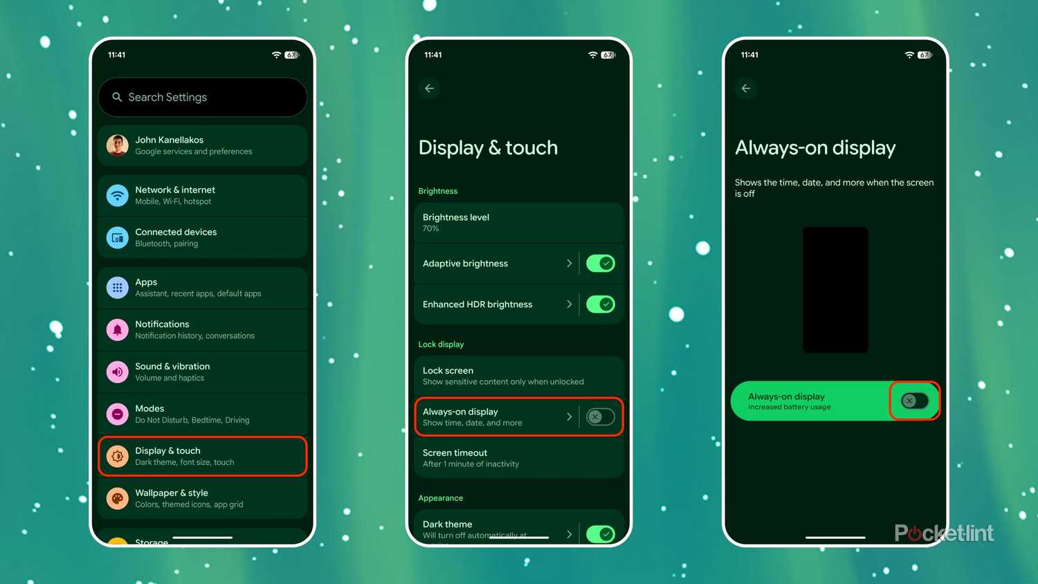 Turn off Always-on display Pixel screenshots