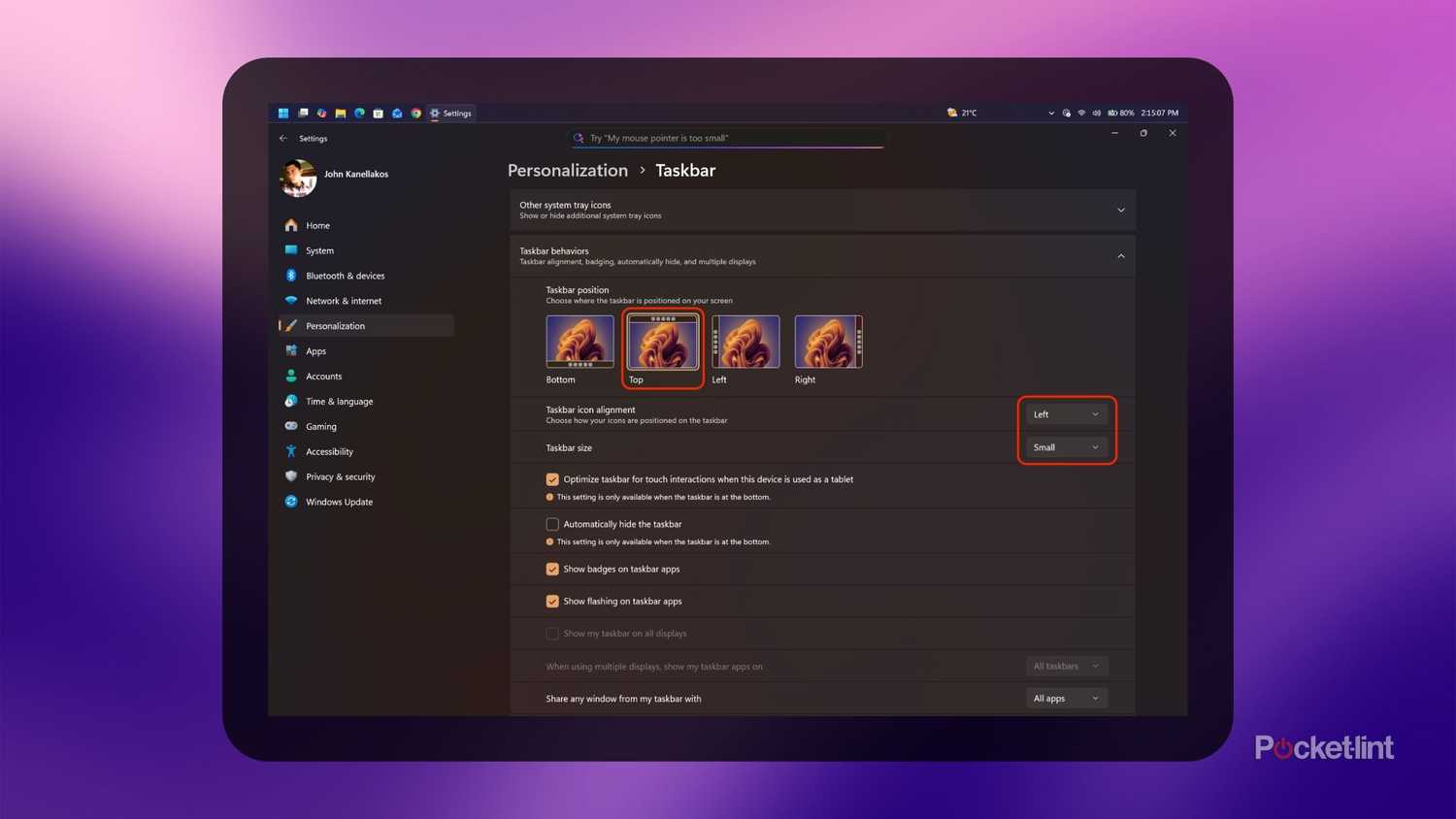 Windows 11 taskbar customization screenshot
