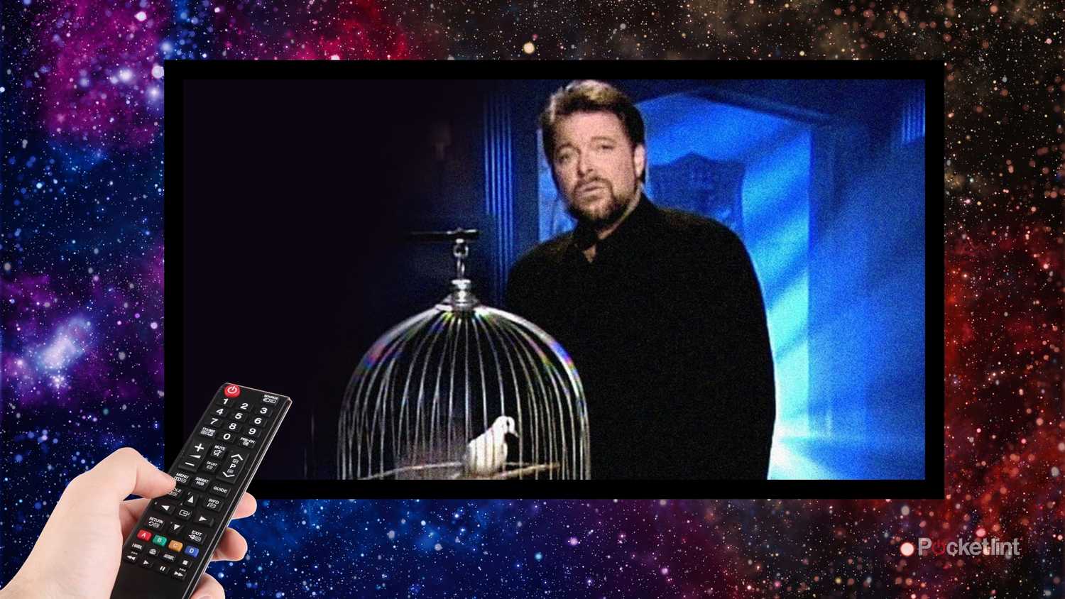 An image of the TV show Beyond Belief: Fact or Fiction on a TV with a remote on a spacey background. 
