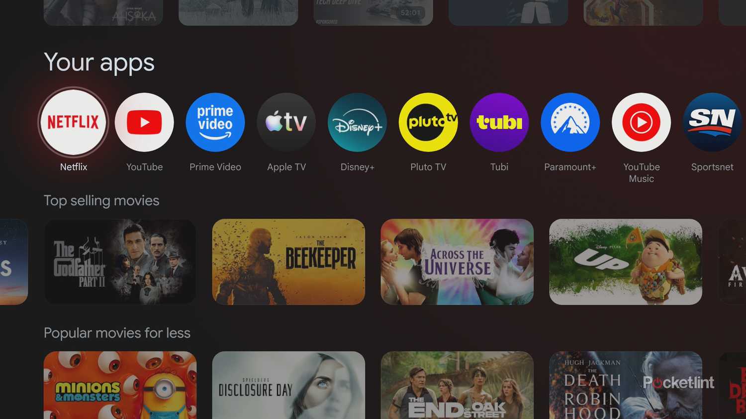 Apps list on Google TV home screen.