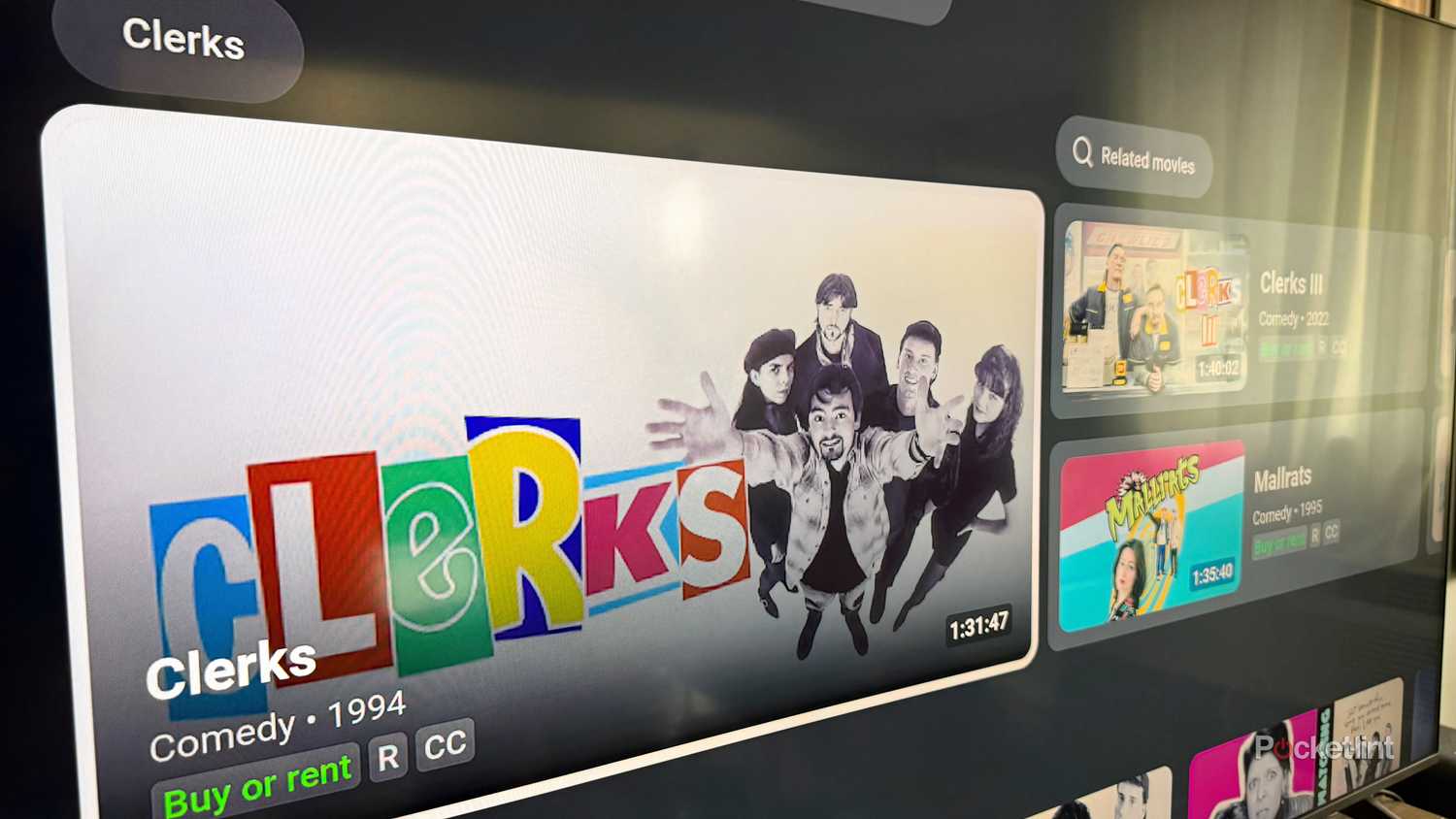 The movie Clerks on TV screen.