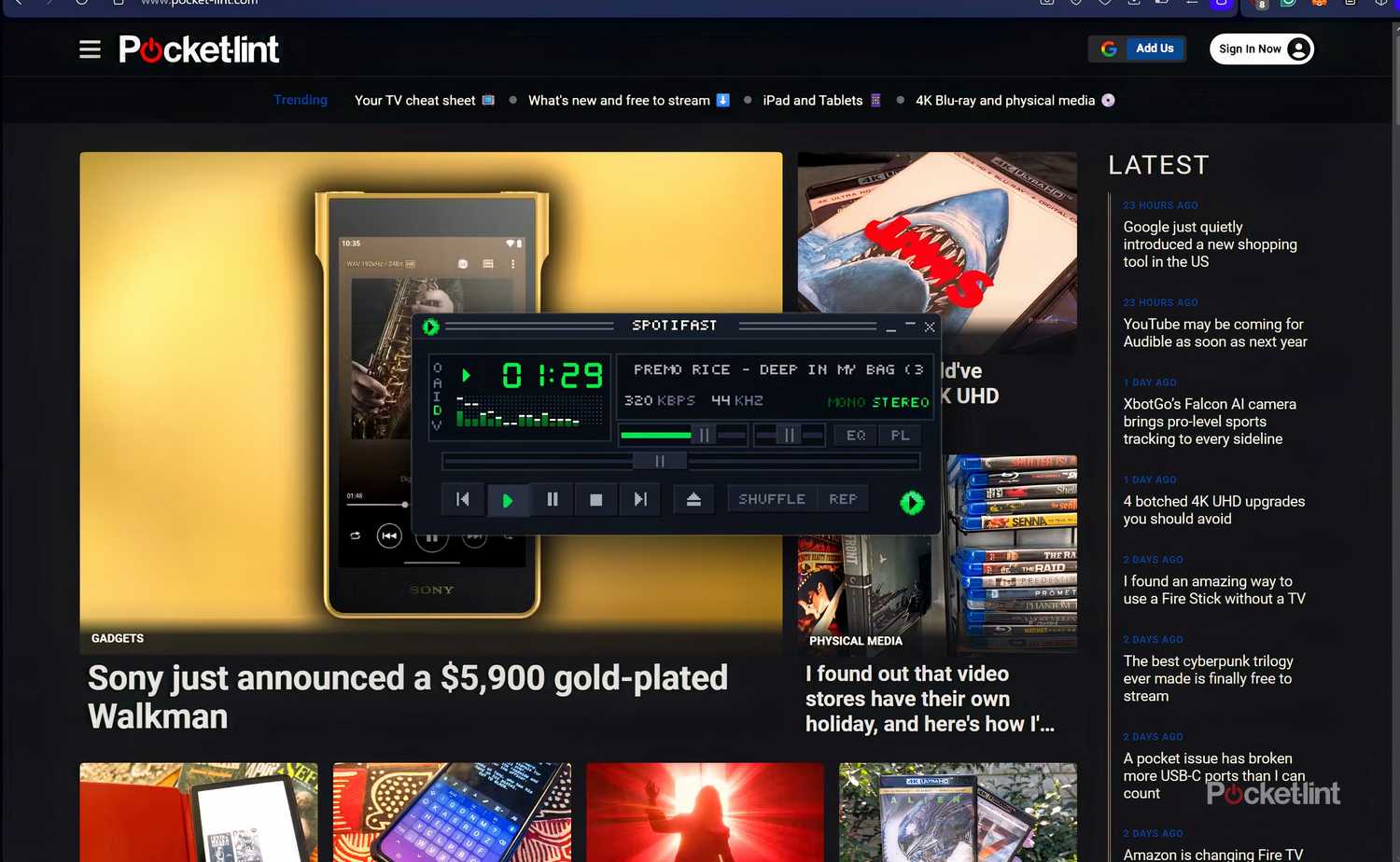 A screenshot of Spotifast's mini player, with PocketLint's website in the background. 