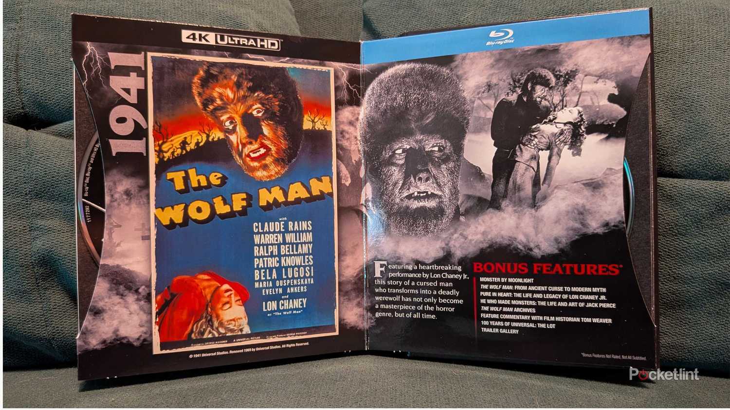 The Wolf Man 4K Blu-ray and Blu-ray on a couch.