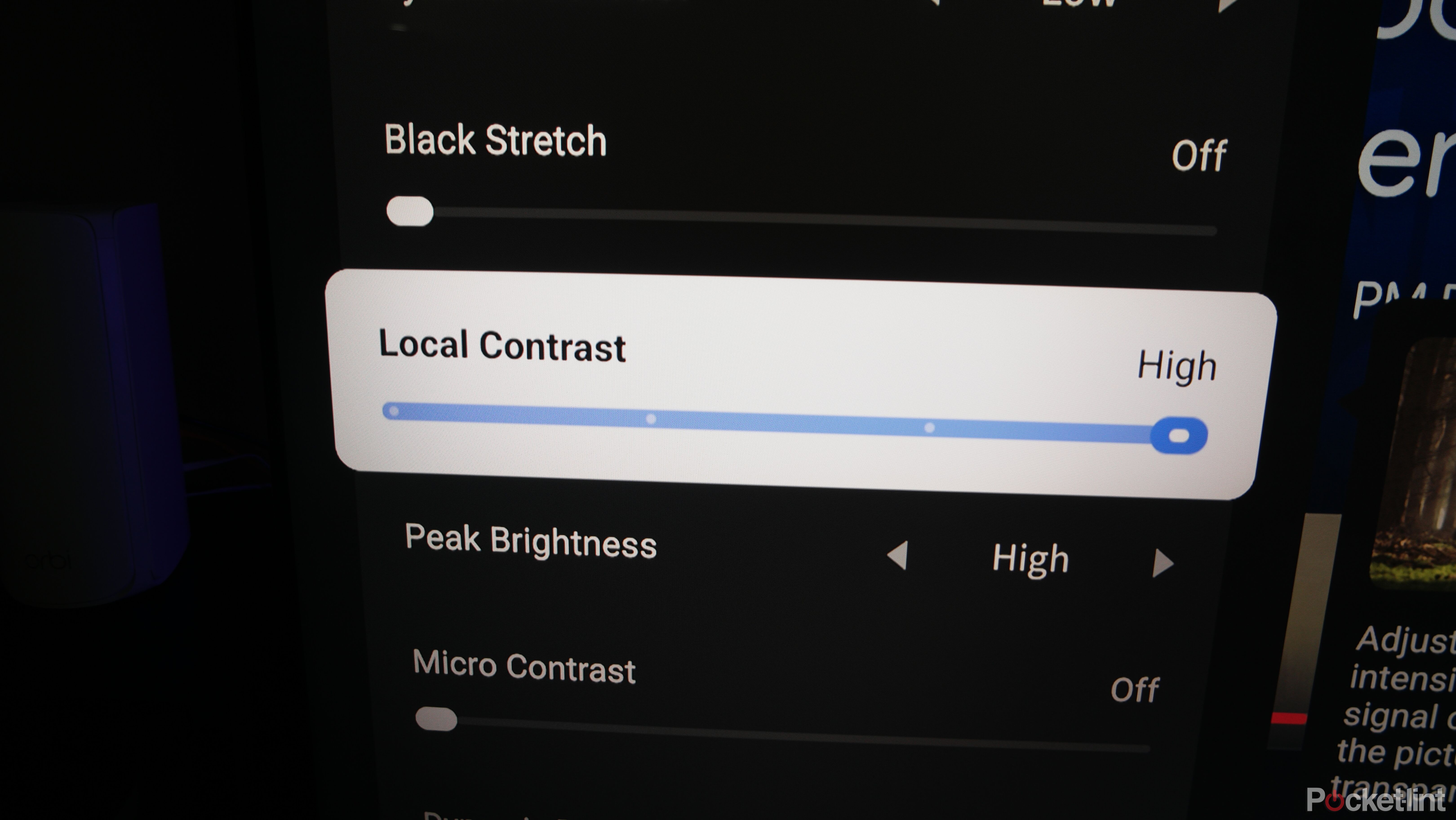 TCL QM7L Local Contrast setting, set to "High"
