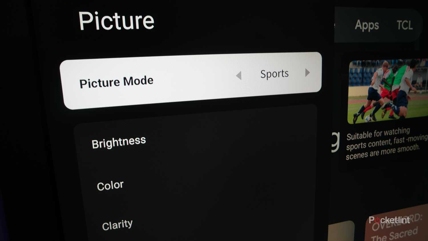 TCL QM7L Picture settings shown with the Sports Picture Mode selected