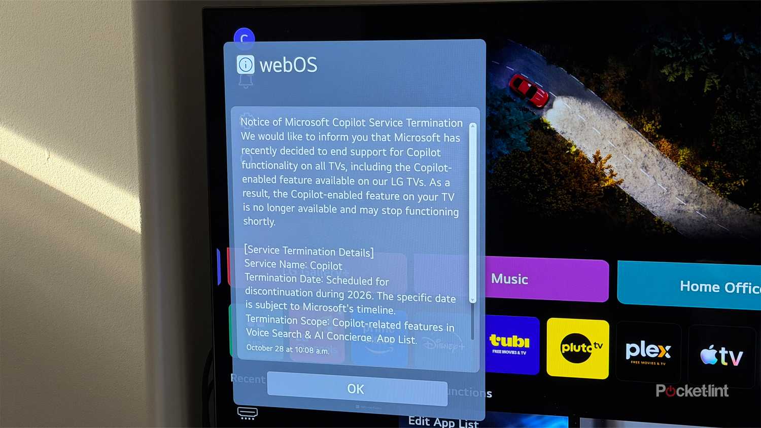 webOS message about Microsoft Copilot support ending.
